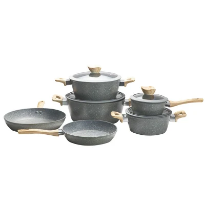 Ollas de cocina antiadherente recubiertas de mármol Pans tapas de vidrio freír Juego de utensilios de cocina para sartenes