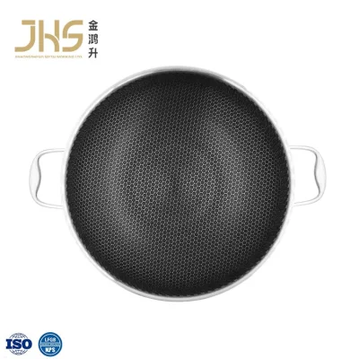 Fábrica Precio mayorista tres capas 304 Acero inoxidable Doble cara Asas Non Stick Coating Honeycomb Wok con tapa