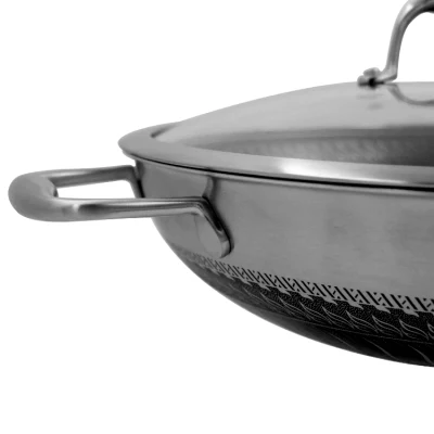 Fábrica Precio mayorista tres capas 304 Acero inoxidable Doble cara Asas Non Stick Coating Honeycomb Wok con tapa