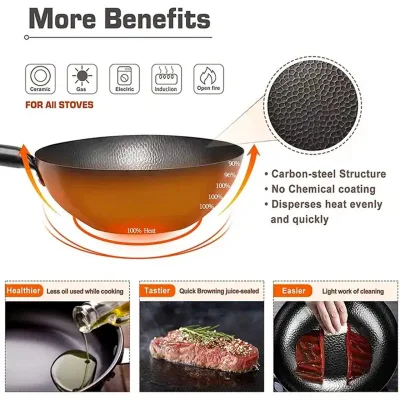 Plancha de alta calidad hecha a mano Wok Non-Stick Carbon Steel Wok Pan Wok chino no-Coating