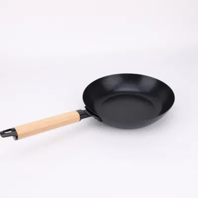 Ecológica 24cm 28cm sartén de acero al carbono con mango de madera
