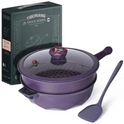 Indicador de calor multiuso sartén antiadherente con tapa de cristal asa fría rejilla al vapor Lavavajillas&amp;Horno-Safe Funciona