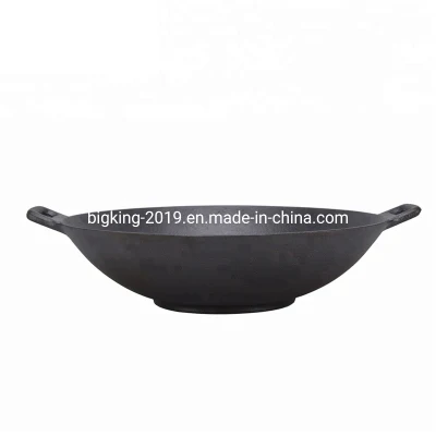 Hacer de la mano de hierro fundido Pre-Seasoned Non-Stick utensilios de cocina wok con fondo redondo doble empuñadura