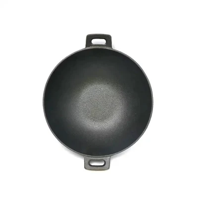 China Alta calidad 36/40 cm olla cocción de Wok hierro fundido Con mango era y cubierta de madera