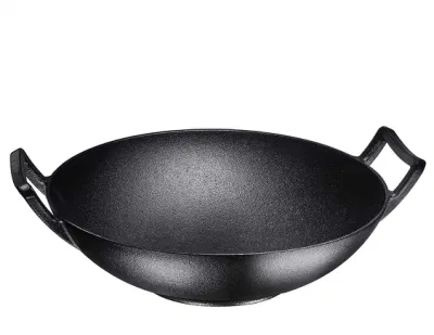 China Alta calidad 36/40 cm olla cocción de Wok hierro fundido Con mango era y cubierta de madera