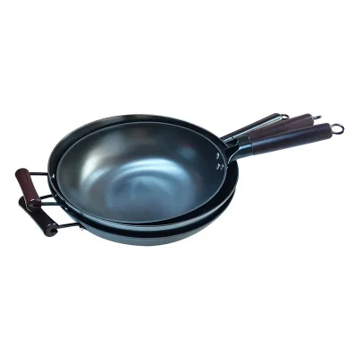 Ligero molde de fundición Cocina antiadherente Calado Wok fundición Hierro Wok con tapa de vidrio y mango de madera