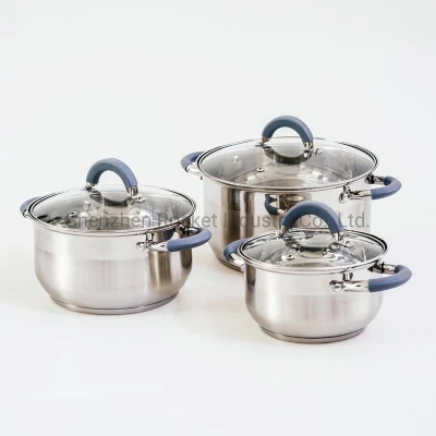 Silicona de color manejan Ollas y sartenes de uso doméstico de la cocina de acero inoxidable con tapa de cristal claro