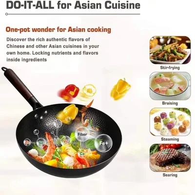 Plancha de alta calidad hecha a mano Wok Non-Stick Carbon Steel Wok Pan Wok chino no-Coating