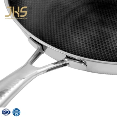 Amazon Venta en caliente Tri Ply 304 Acero inoxidable Non Stick Coating Wok híbrido con mango largo Stay Cool