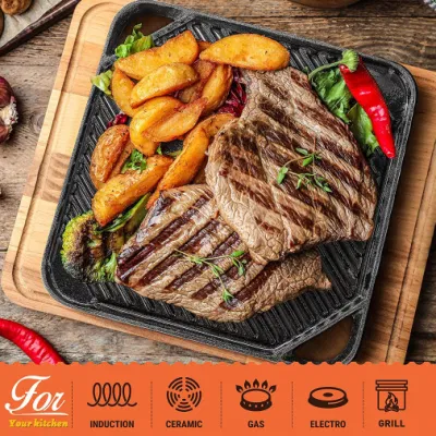 Doble cara Pan Griddle superior Cocina no Stick Pan Square Caliente Camping freír Grilling Hierro fundido Skillet Grill Pan