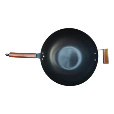 Ligero molde de fundición Cocina antiadherente Calado Wok fundición Hierro Wok con tapa de vidrio y mango de madera