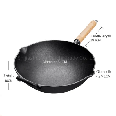La cocina de hierro fundido sartén Wok de hierro fundido no stick utensilios de cocina wok sartén con dos boquillas de vertido