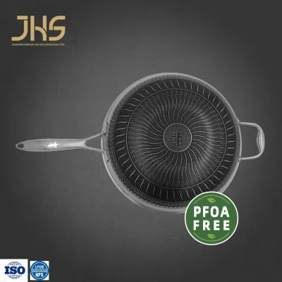 Fabricante Tri Ply 304 de alta calidad Acero inoxidable Non Stick Revestimiento de panal de abeja Wok con mango largo Stay Cool
