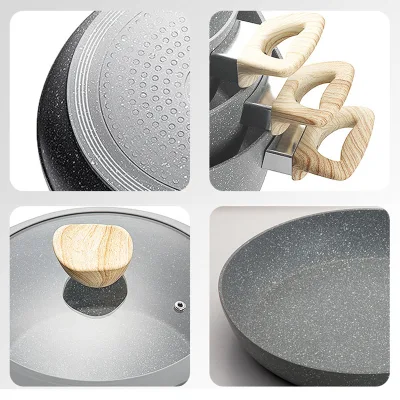 Ollas de cocina antiadherente recubiertas de mármol Pans tapas de vidrio freír Juego de utensilios de cocina para sartenes