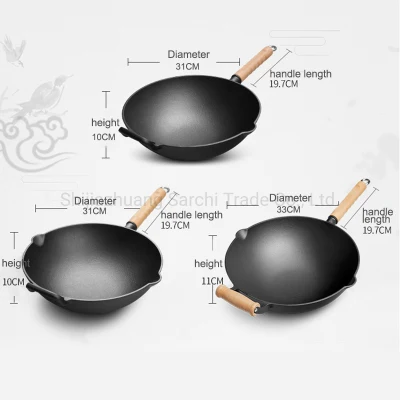 Chino de 12 pulgadas Wok sartén de hierro fundido tradicional Salteado pan con mango de madera y empuñadura auxiliar