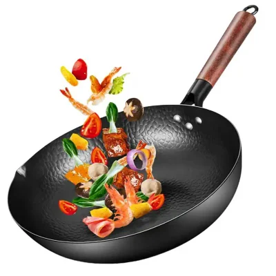 Plancha de alta calidad hecha a mano Wok Non-Stick Carbon Steel Wok Pan Wok chino no-Coating