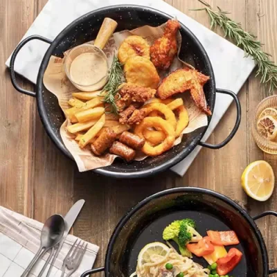 Alta calidad Precio de fábrica esmaltado de acero olla de cocina Paella de mariscos Sartén con dos asas