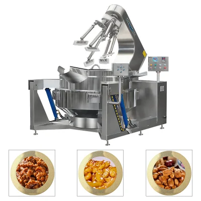 100L Industrial 200L planetario automático de la nuez de anacardo las tuercas de almendra tostada de maní tostado de procesamiento de fritura de avellana hacer cocina wok Pot con mesa de mezclas