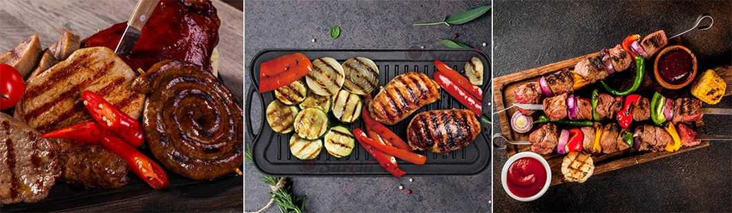 Amazon Solution Cast Iron Rectangular Flat Fry Pan Reversible Roasting BBQ Grill Griddle Pan with LFGB Certificate