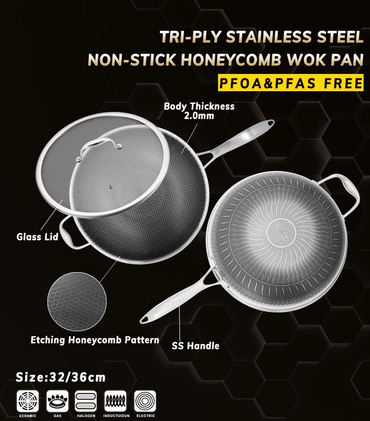 Healthy Eco Friendly Pfoa Free Tri-Ply Stainless Steel Wok Non Stick Etching Honeycomb Cookware with Glass Lid