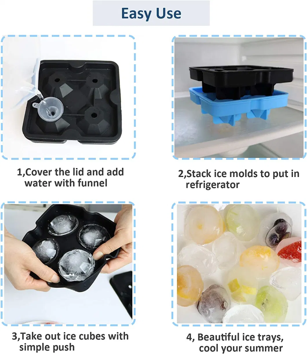 Hot Sale 4 Cavities Food Grade Silicone Diamonds Shaped Ice Mould Silicone Ice Cube Tray