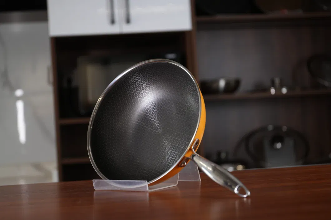 New Arrival 30cm Tri-Ply Stainless Steel Non-Stick Honey Comb Wok with Orange Outer Ceramic Paint Cookware