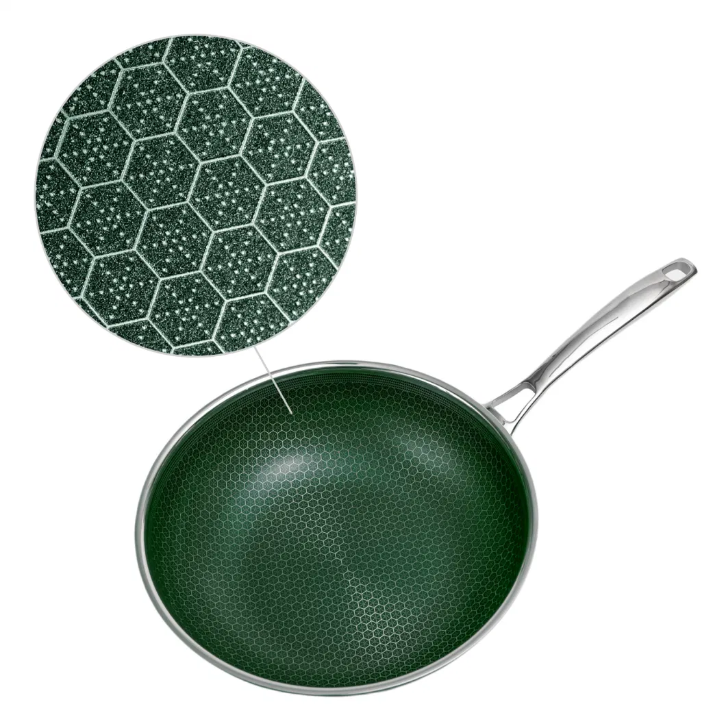 Nonstick Honey Comb Coating Stainless Steel Blackish Green Ceramic Outer Layer Wok