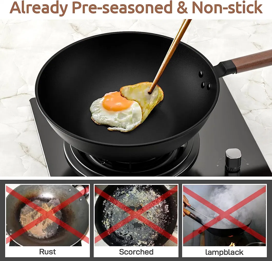 2024 New Popular Non Stick Coating Carbon Steel Wok Wooden Handle Chinese Wok Pan