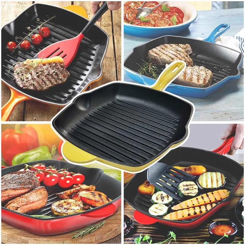 Factory Price BBQ Enamel Cookware Cast Iron Pizza Grill Pan Cast Iron Square Steak Grill Frying Pan
