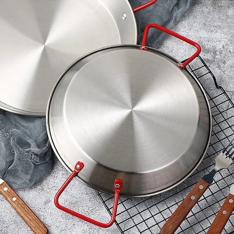 Cookware Restaurant Ware China Heavy Duty 1 Induction Ready Food Fruit Tray Container Frying Pot Wok Silver Stainless Steel Spanish Paella Pan with Red Handle