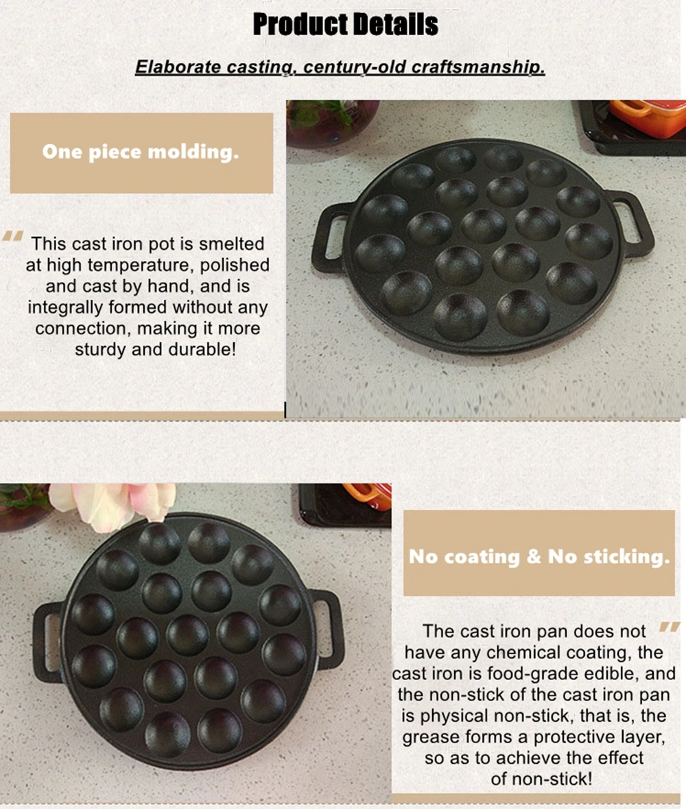 Household 15/19 Holes Pre-Seasoned Non Stick Cast Iron Takoyaki Pan Grill Pan for Cooking Puffs Octopus Ball Baking Pan