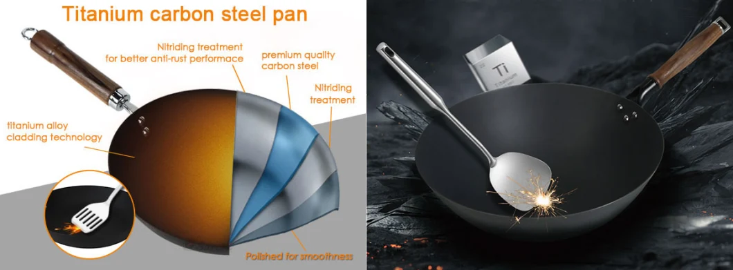 Anti-Rust Cookware Uncoated Non Stick Carbon Steel Frying Pan with Anti-Scald Wood Handle
