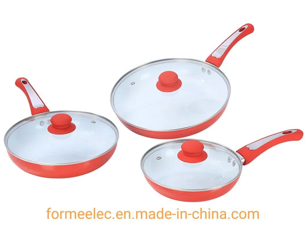 Double Bottom Red Frypan 6 Pieces Set Cookware Set 6PCS Ceramic Aluminum Fry Pan