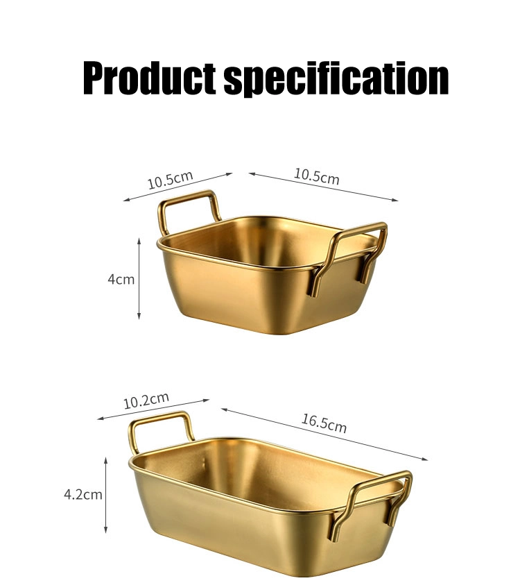 Wholesale 18/8 304 Stainless Steel Korean Golden Snack Square Plate French Fries Basket Dessert Plate with Double Handles Tray