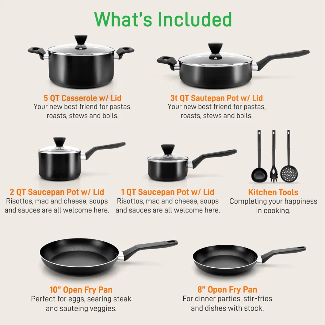 13-Piece Nonstick-Cookware Free Heat Resistant Kitchen-Ware Set Saucepan Cooking-Pots Casserole-Lids Ladle Frying-Pans