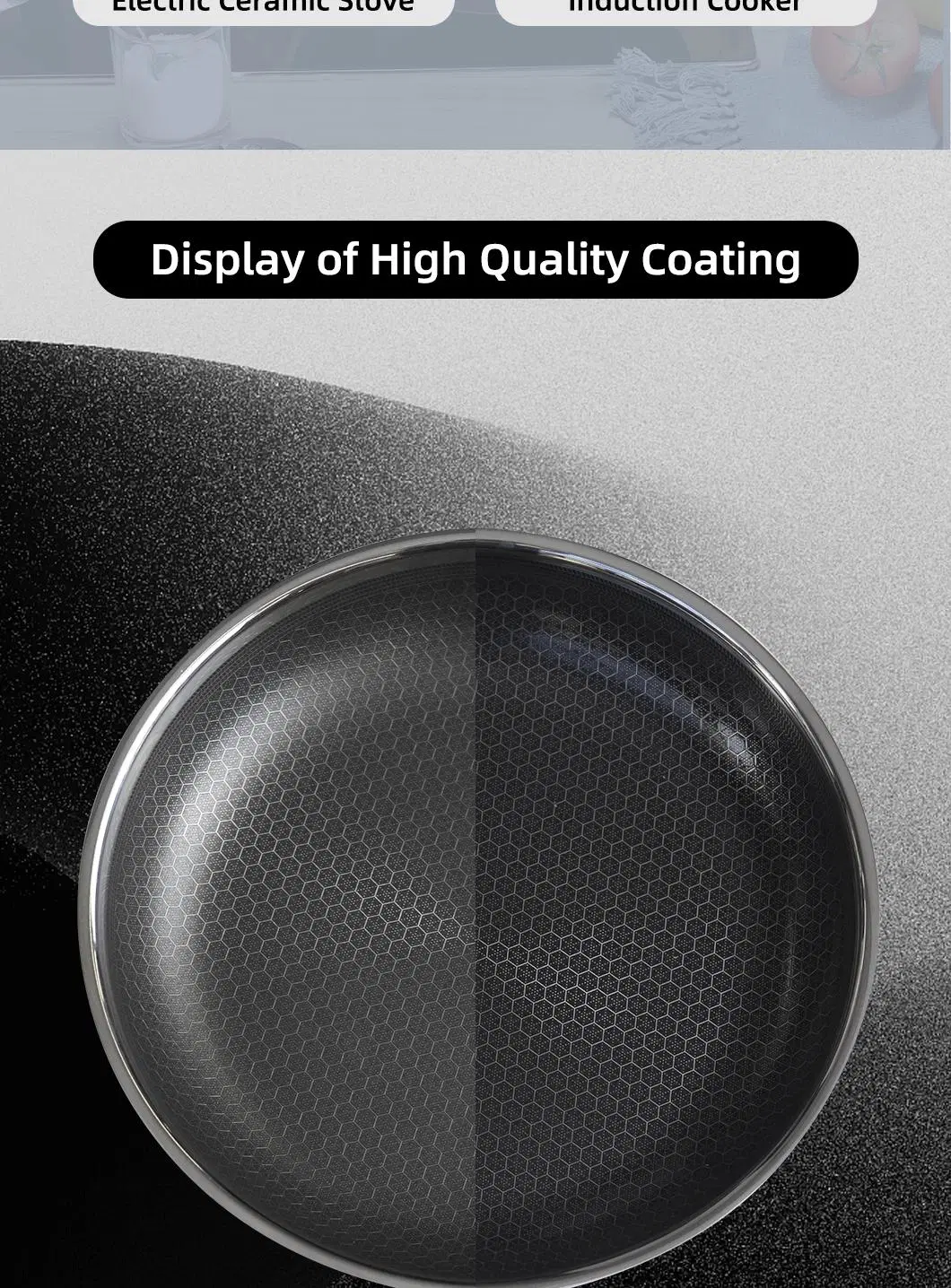 New Design 26cm Tri-Ply Stainless Steel Ceramic Coating Honey Comb Non-Stick Wok