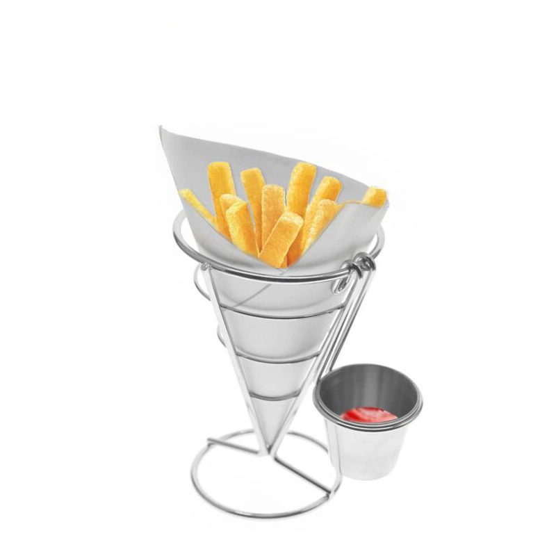 Cone Snack Display Rack French Fries Stand Holder, Cone Metal Wire Basket for Foods Fries Fish Chips Onion Rings with Sauce Cup Holder Rack Esg12292