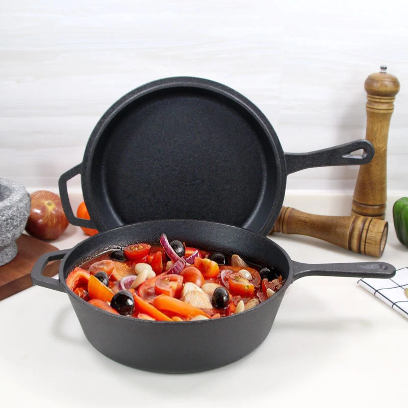 Cookwin Diameter 26.5cm 2 Pack 10&quot; Cast Iron Dutch Oven Skillet Set, 10 Inch 2 In1 Pre-Seasoned Frying Pan Pot with Lid for Stovetop, Gas, Induction Use