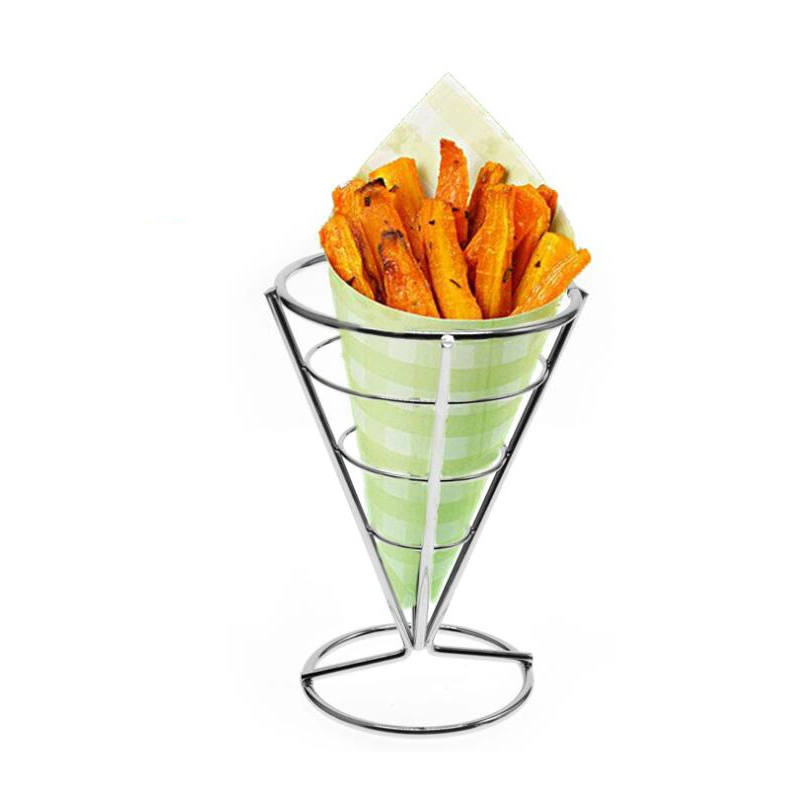 Cone Snack Display Rack French Fries Stand Holder, Cone Metal Wire Basket for Foods Fries Fish Chips Onion Rings with Sauce Cup Holder Rack Esg12292