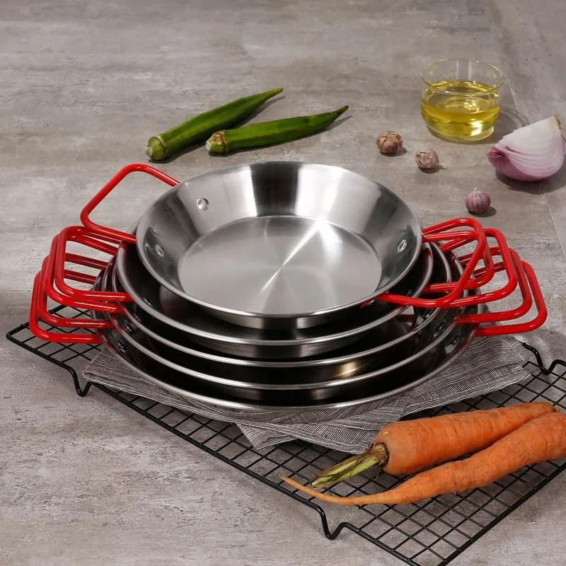 Cookware Restaurant Ware China Heavy Duty 1 Induction Ready Food Fruit Tray Container Frying Pot Wok Silver Stainless Steel Spanish Paella Pan with Red Handle