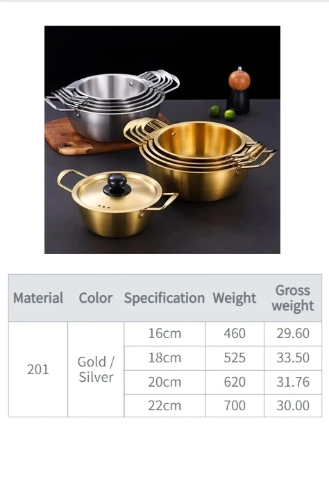 Korean Style Stainless Steel Cookware Set Instant Noodle Pot Seafood Soup Pot Golden Frying Pan for Kitchen Restaurant Hotel