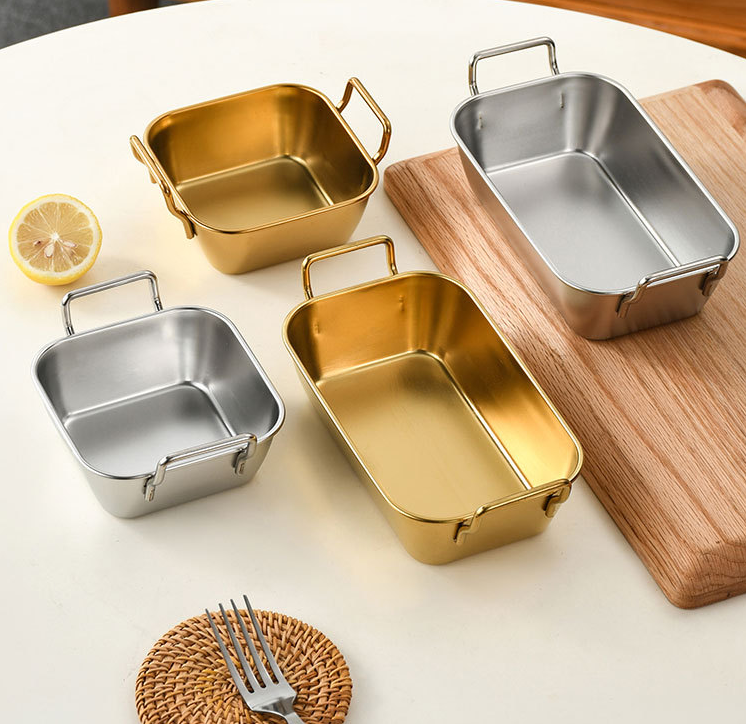 Wholesale 18/8 304 Stainless Steel Korean Golden Snack Square Plate French Fries Basket Dessert Plate with Double Handles Tray