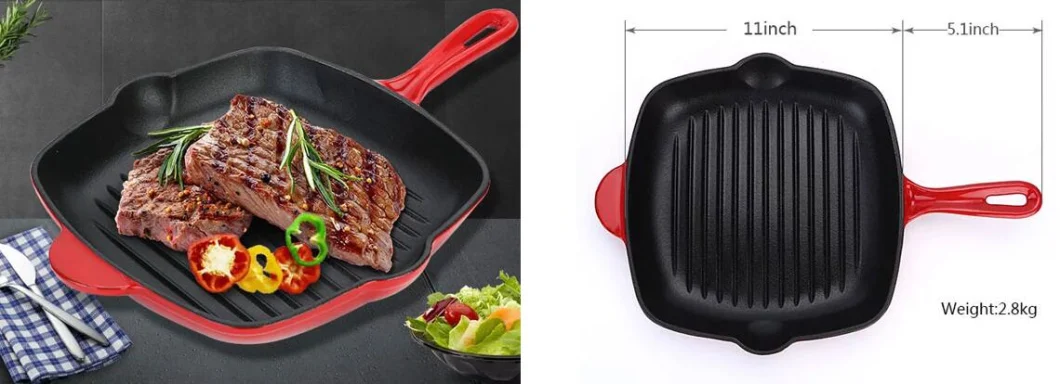 Nonstick Cast Iron Grill Pan 11 Inch Kitchen Square Enameled Steak Pan Cast Iron Skillet Grilling Pan