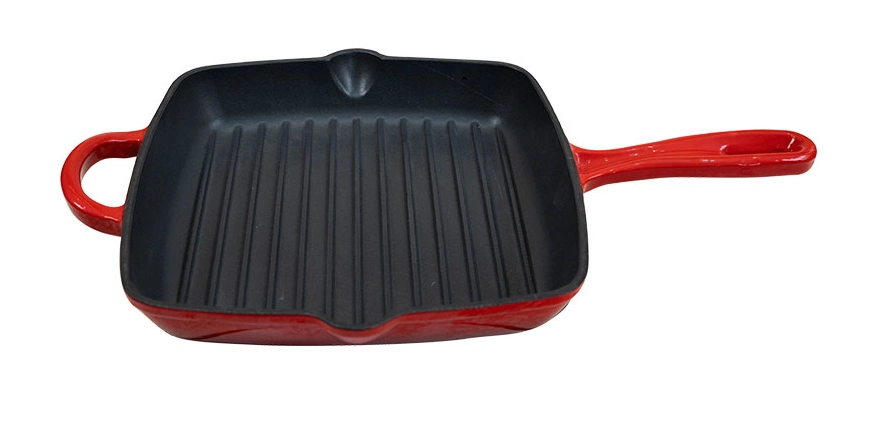 Enameled Cast Iron Cookware Square Frying Pan with Red Enamel Handles