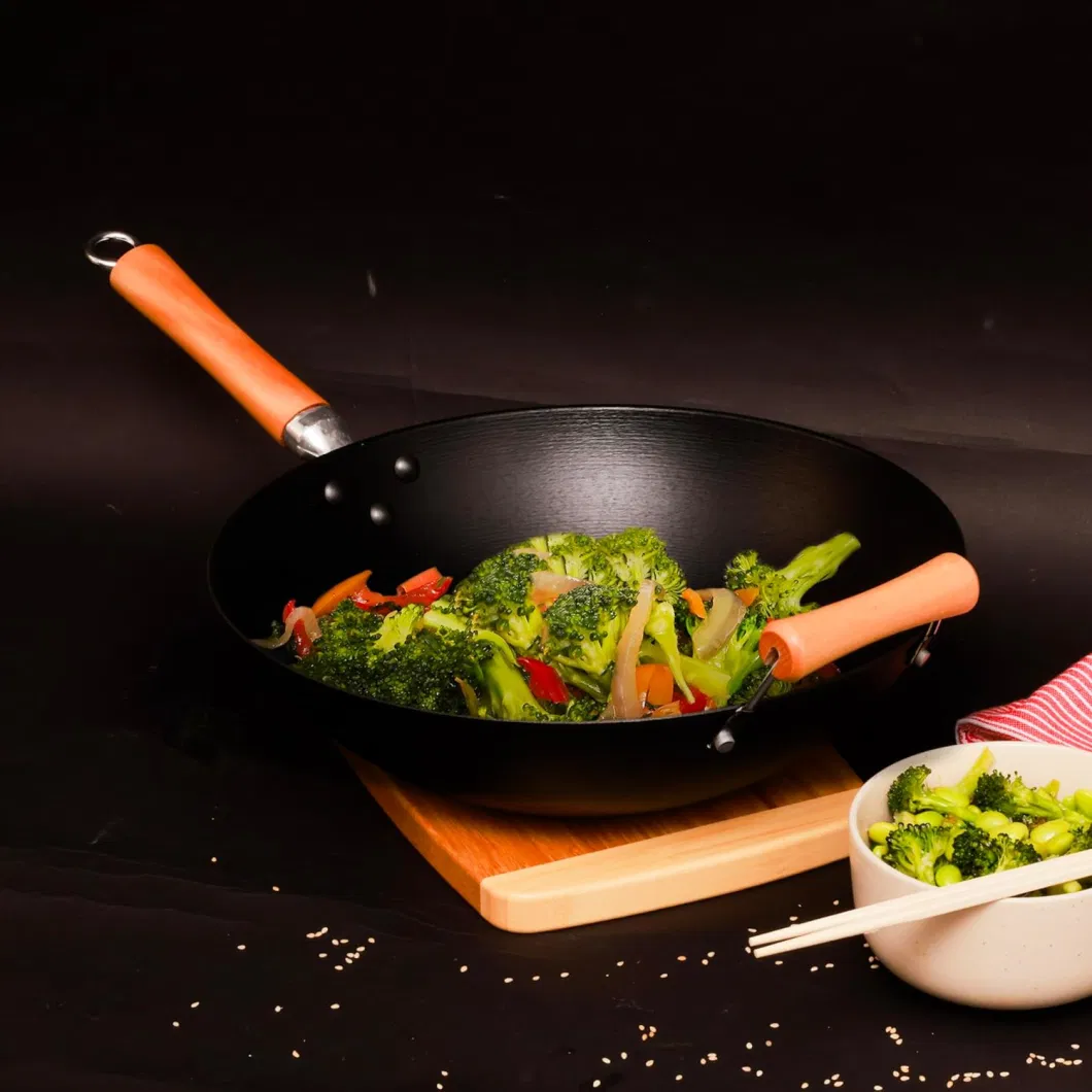 2024 New Popular Non Stick Coating Carbon Steel Wok Wooden Handle Chinese Wok Pan
