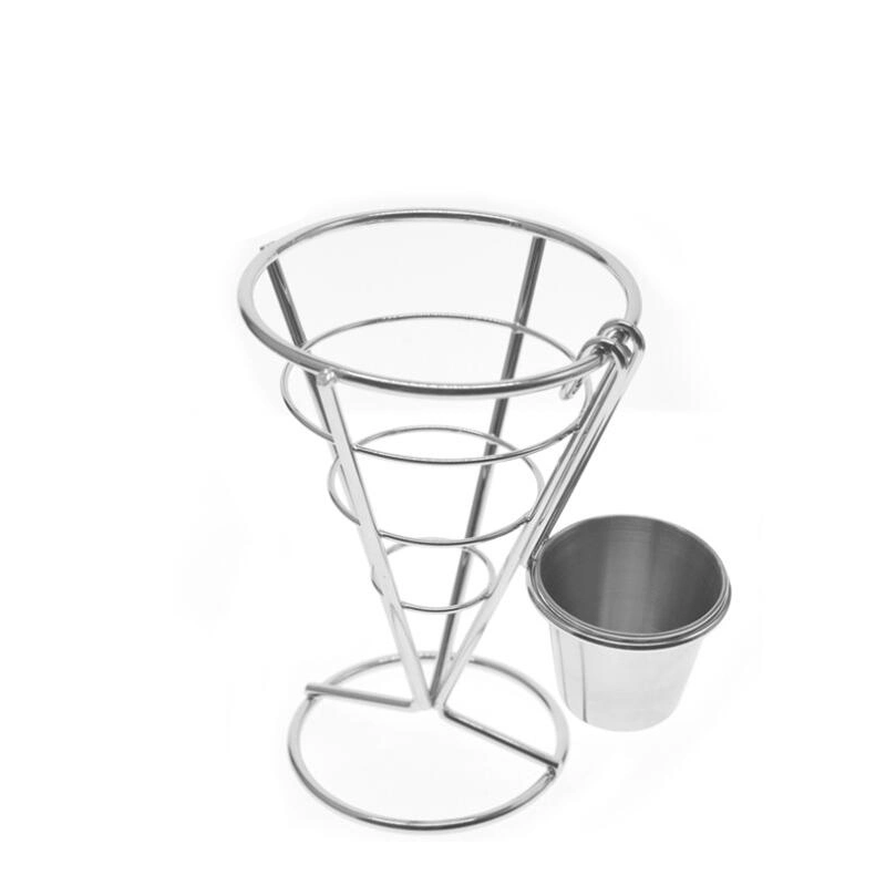 Cone Snack Display Rack French Fries Stand Holder, Cone Metal Wire Basket for Foods Fries Fish Chips Onion Rings with Sauce Cup Holder Rack Esg12292