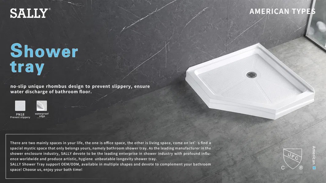 Sally ABS White Acrylic Diamond Neo-Angle Enclosure Shower Base 38X38X6 Inch Center Drain Single Threshold Shower Tray