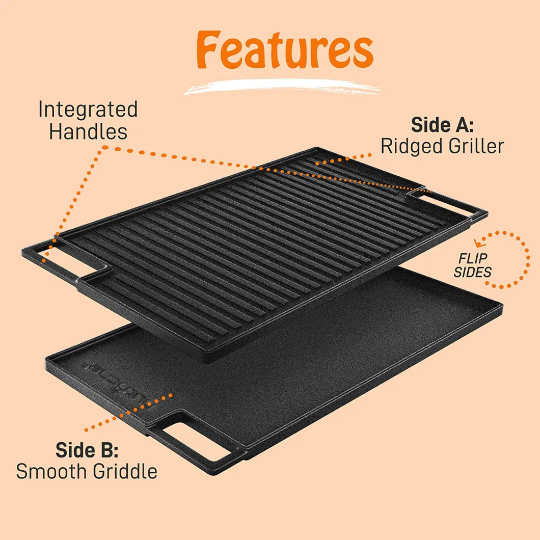 Cast Iron Cookware Outdoor Cooking Double Sided Rectangular Flat Fry Reversible Roasting BBQ Grill Griddle Pan
