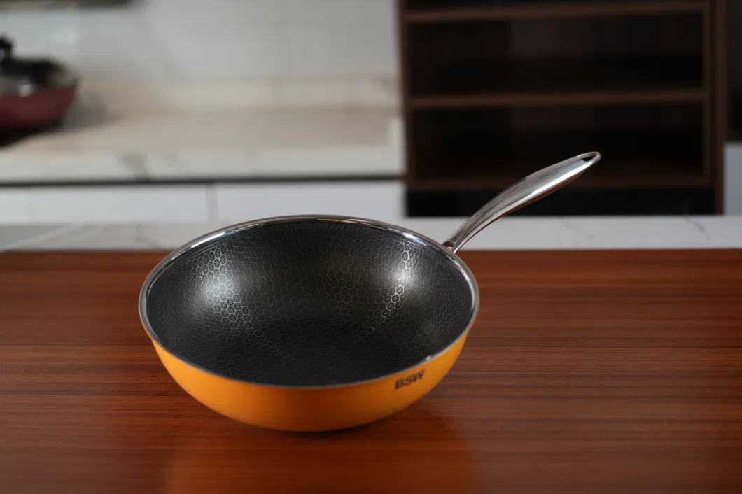 New Arrival 30cm Tri-Ply Stainless Steel Non-Stick Honey Comb Wok with Orange Outer Ceramic Paint Cookware
