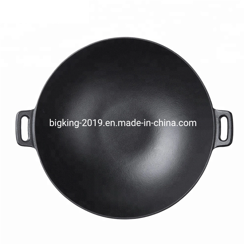 Hand Make Non-Stick Cookware Pre-Seasoned Cast Iron Round Bottom Wok with Double Handle